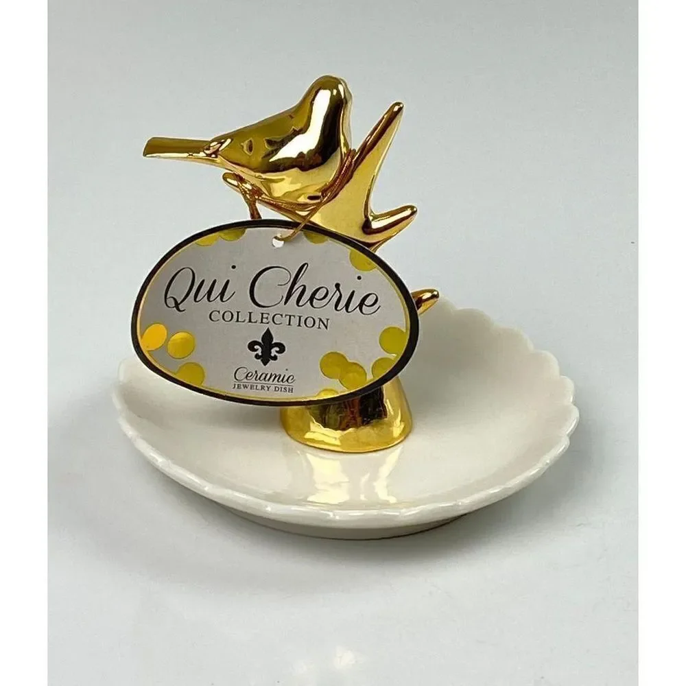 Sicura Qui Cherie Collection Ceramic Bird Jewelry Trinket Dish Small Gold White